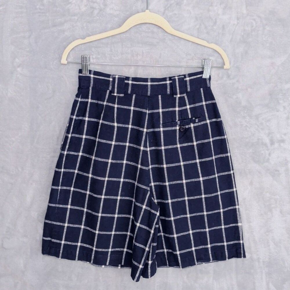 Vintage Blue Check Linen Blend Shorts Size 6 High Waisted 90s Preppy Nautical - Picture 2 of 7